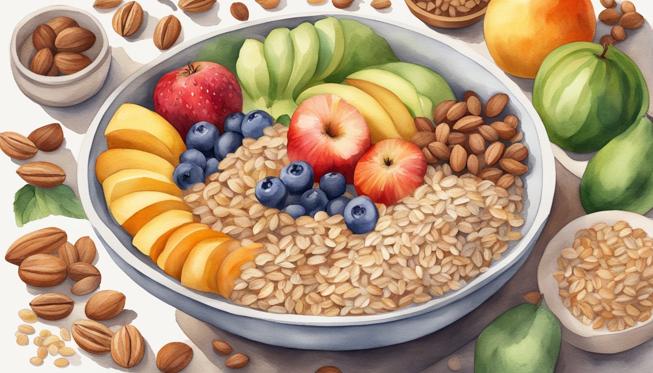 A bowl of oats surrounded by a variety of high-fiber foods like fruits, vegetables, and nuts, with a sign reading "12 Best High-Fiber Foods for Digestive Health" displayed prominently