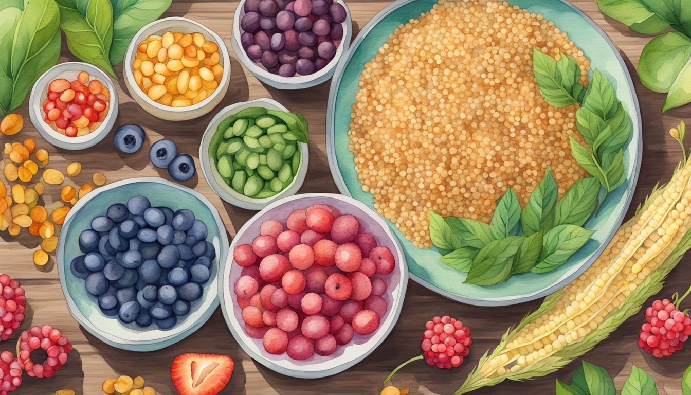 A colorful spread of high-fiber foods, including quinoa, beans, and berries, arranged on a wooden table with vibrant green leaves in the background