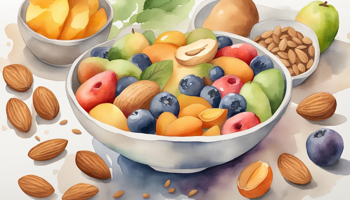 A bowl of almonds surrounded by other high-fiber foods like fruits and vegetables, with a digestive health infographic in the background