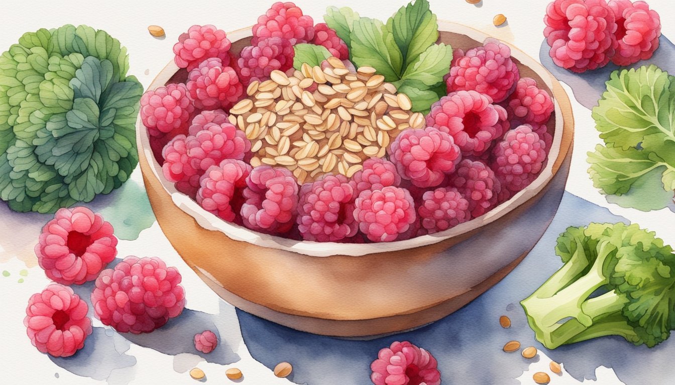 A bowl of vibrant raspberries surrounded by other high-fiber foods, such as beans, oats, and broccoli, with a "12 Best High-Fiber Foods for Digestive Health" title displayed prominently