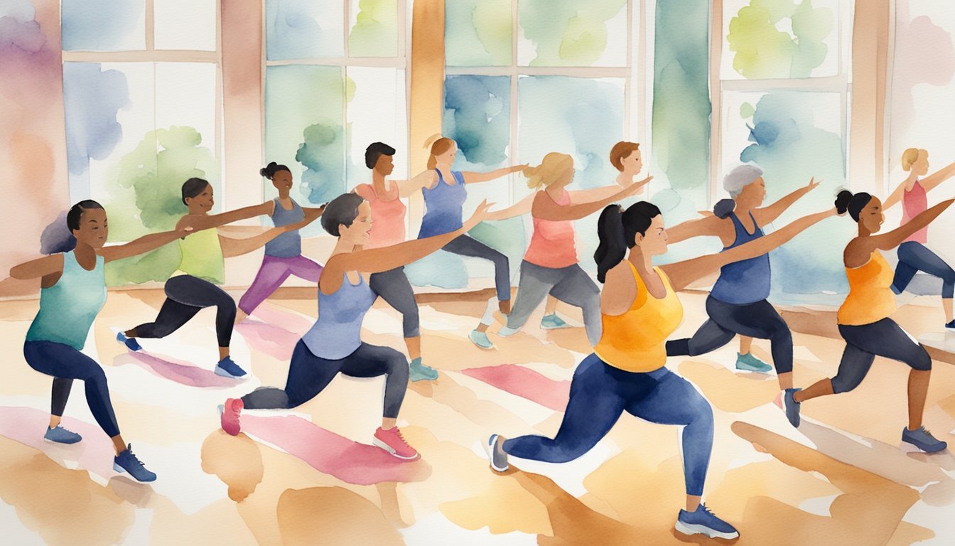 A group of people exercising together in a fitness class, with an instructor leading the session and participants encouraging each other, creating a sense of community and accountability