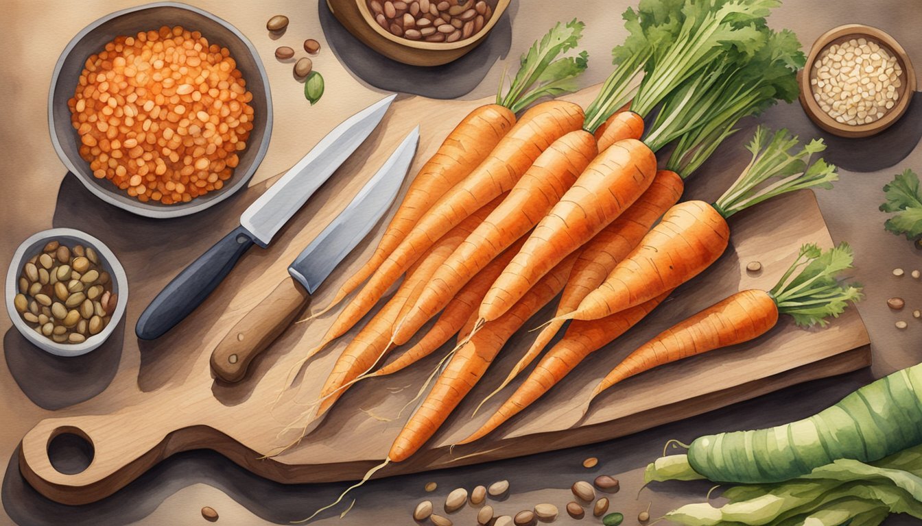 A pile of carrots arranged on a wooden cutting board with a knife beside them.</p><p>The background includes a variety of high-fiber foods like beans and whole grains