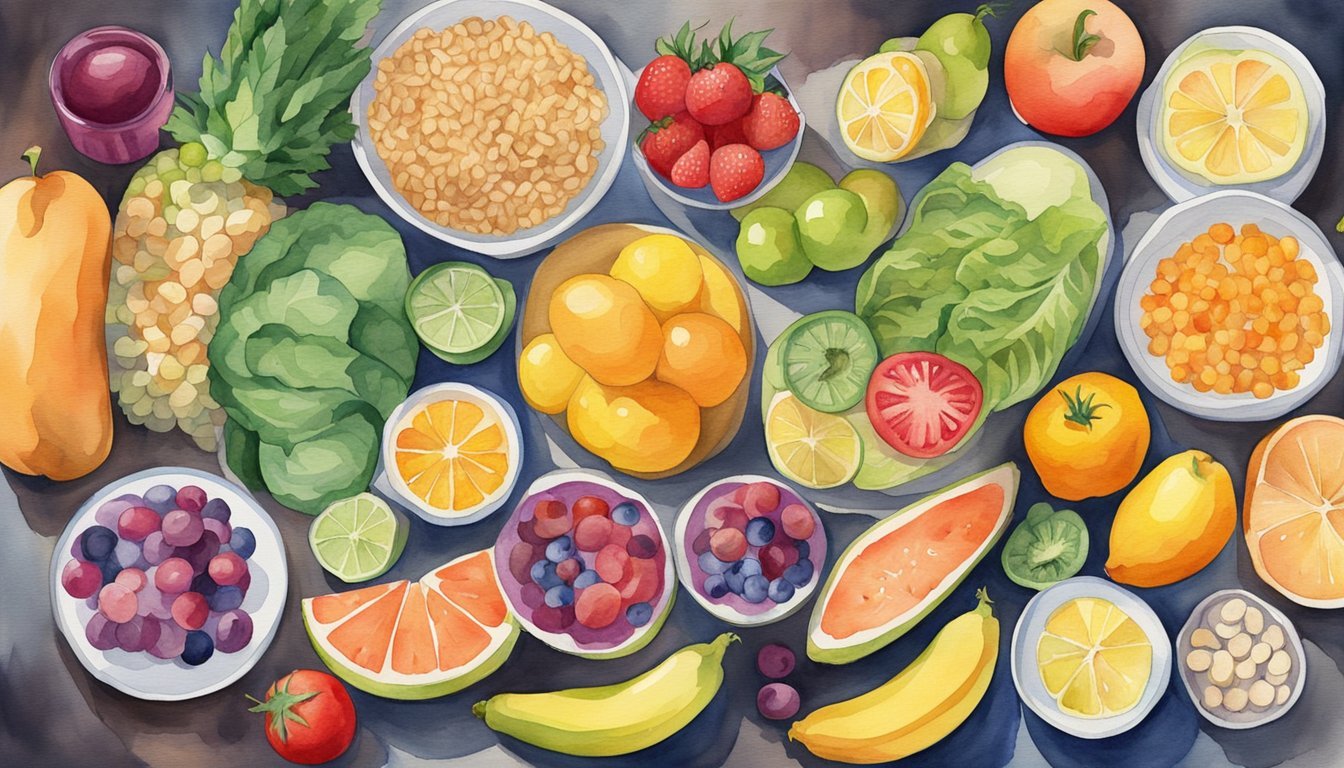 A colorful array of low-calorie foods arranged on a table, including fruits, vegetables, lean proteins, and whole grains.</p><p>The foods are vibrant and enticing, creating a sense of satiety and satisfaction