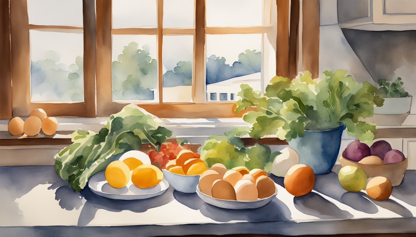 A carton of eggs surrounded by colorful fruits and vegetables on a kitchen counter.</p><p>Sunlight streams in through a window, casting a warm glow on the healthy foods