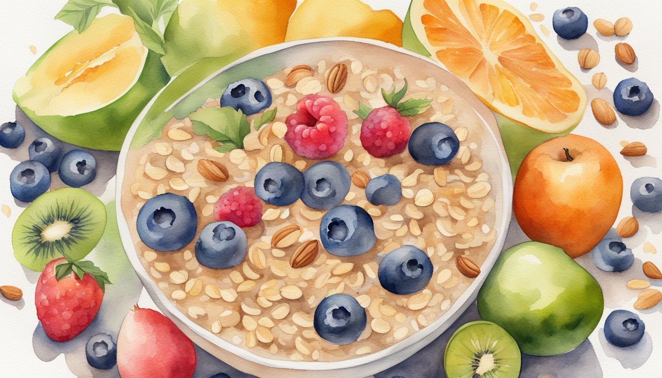 A bowl of oatmeal surrounded by a variety of low-calorie foods like fruits, vegetables, and nuts.</p><p>The oatmeal is steaming, and the scene is bright and inviting