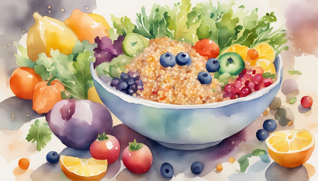 A bowl of cooked quinoa surrounded by colorful, nutrient-rich vegetables and fruits, with a light dressing drizzled on top