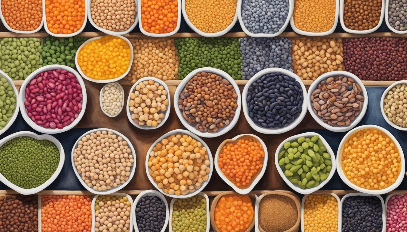 A colorful array of beans, lentils, and chickpeas arranged in a vibrant, appetizing display, with a variety of textures and sizes, showcasing their low-calorie, high-fiber properties