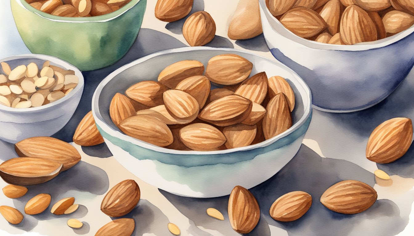 A bowl of almonds surrounded by other low-calorie foods, with a measuring tape and a full stomach in the background