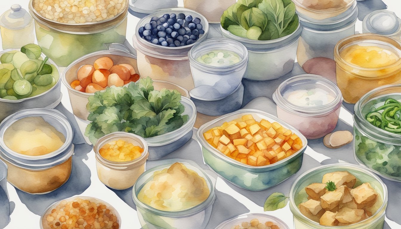 Various single portion meals neatly arranged in labeled containers, surrounded by fresh ingredients and kitchen utensils