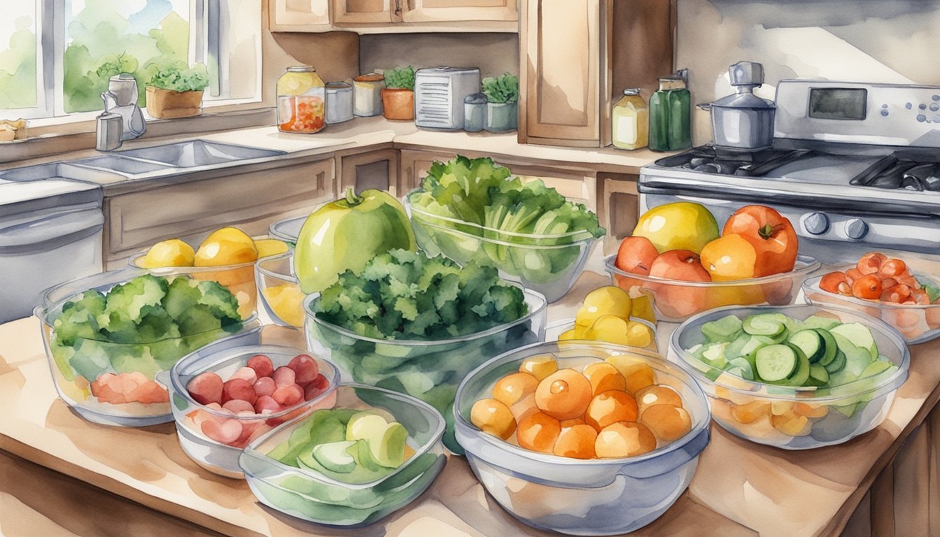 A kitchen counter with neatly organized containers of prepped meals, surrounded by fresh fruits and vegetables.</p><p>A timer and a busy schedule in the background