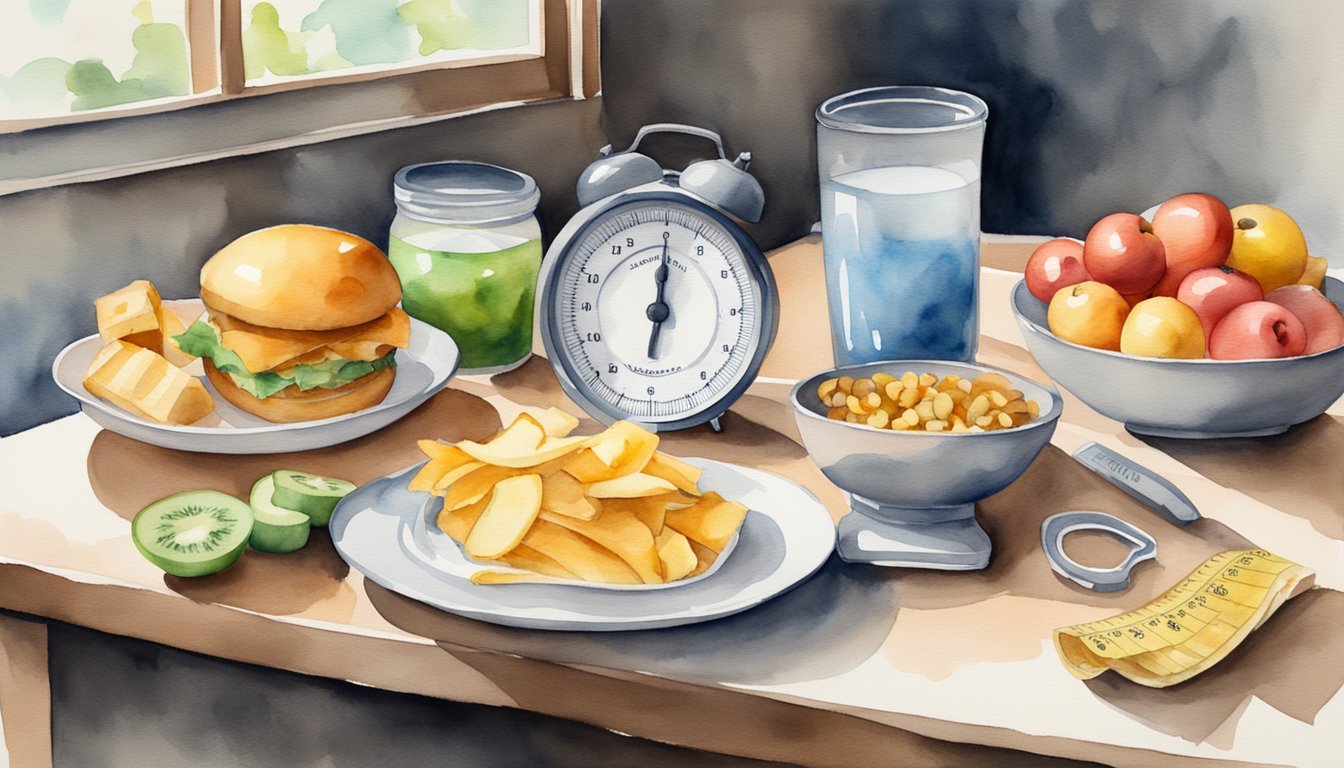 A table with unhealthy food items next to a scale and measuring tape