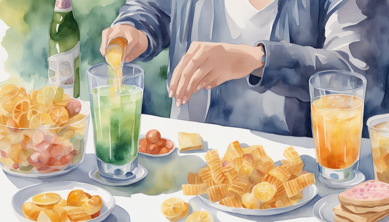 A person pouring sugary drinks into a glass, surrounded by unhealthy snacks