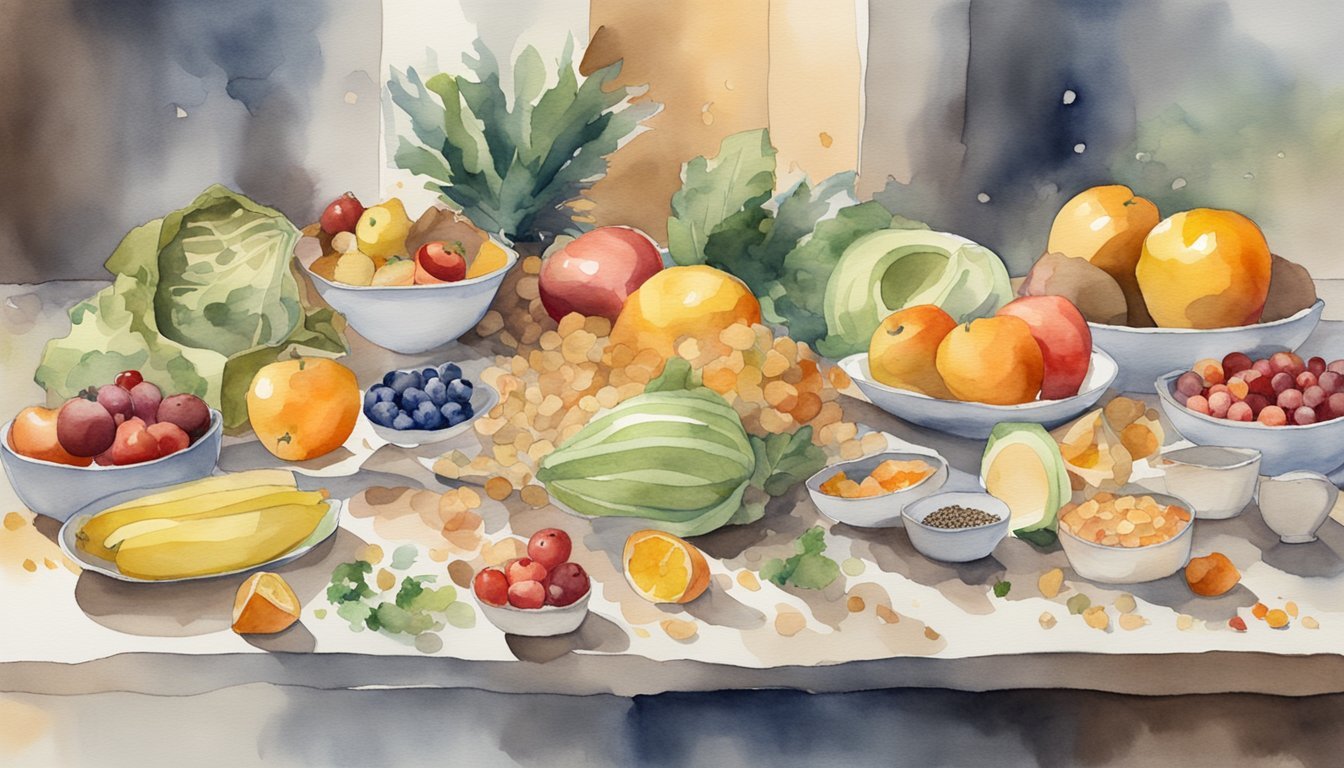 A table piled high with fruits, vegetables, and whole grains, with empty plates and wrappers scattered around, portraying overeating of healthy foods