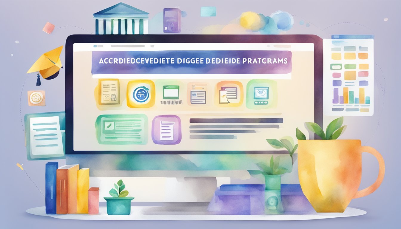 A computer with WGU website displayed, surrounded by icons of different degree programs, with a banner reading "Affordable Accredited Online Degree Programs."