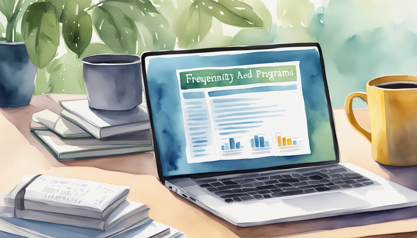 A laptop displaying "Frequently Asked Questions 7 Affordable Accredited Online Degree Programs" with a stack of books and a mug of coffee beside it