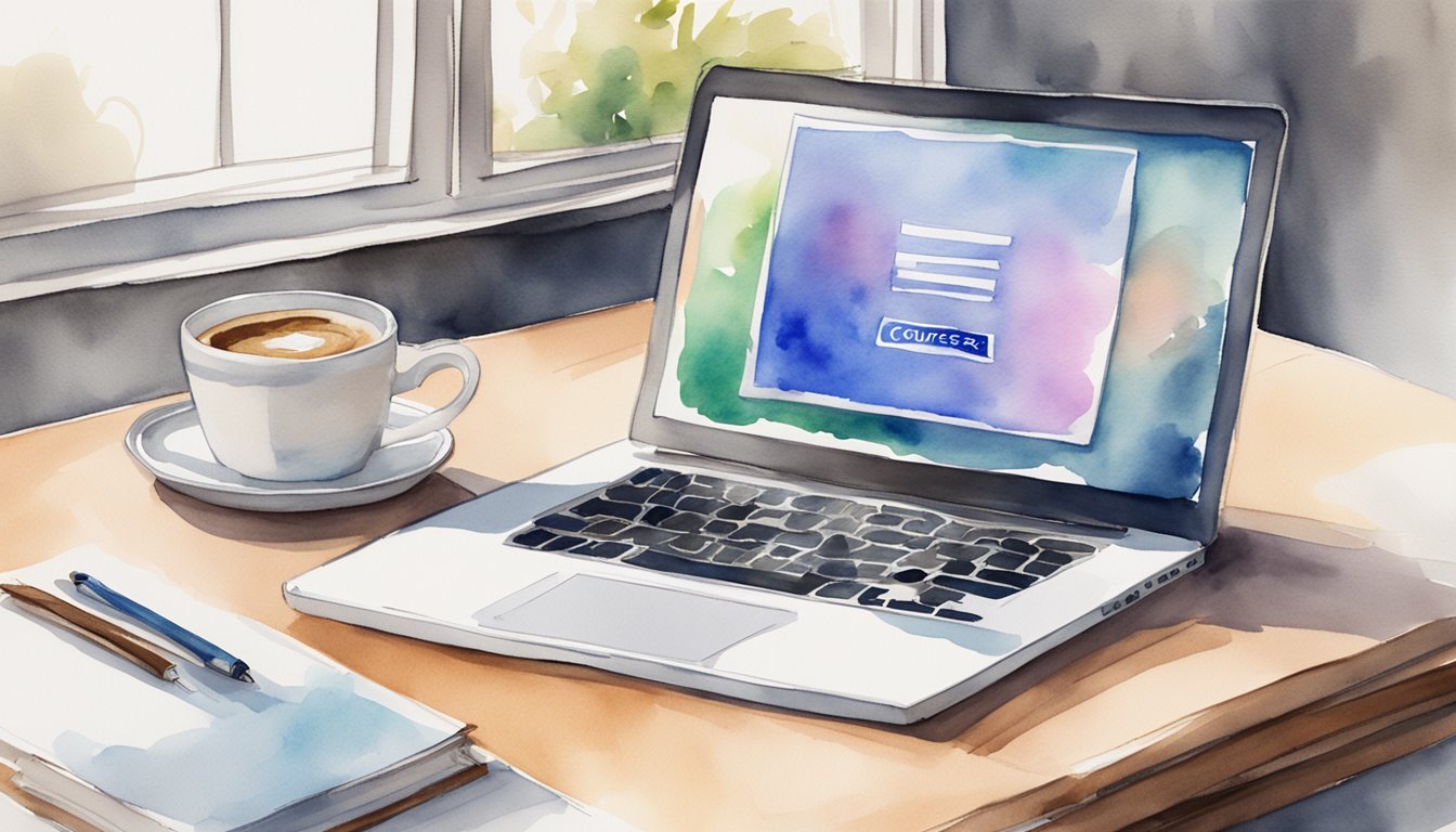 A laptop with Coursera website on screen, surrounded by books and a cup of coffee on a desk