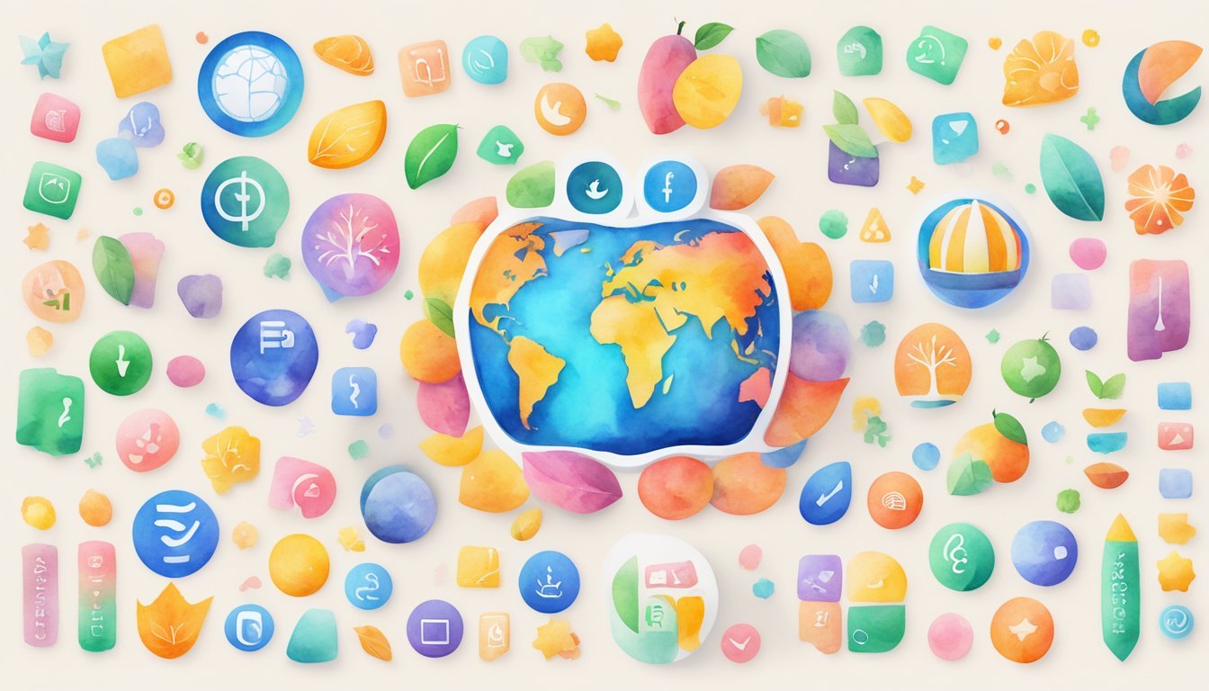 Colorful Mango Languages logo surrounded by 12 interactive language course icons on a digital screen