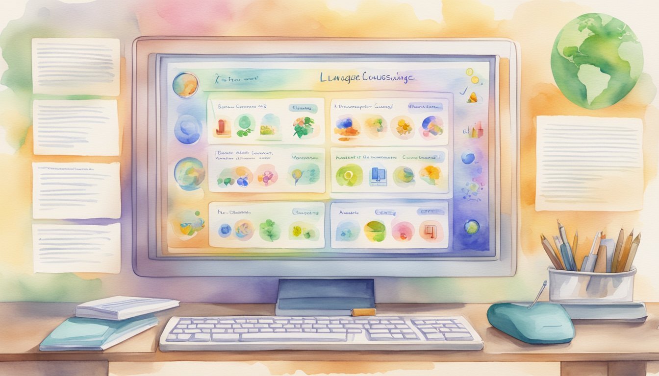 A computer screen displaying various language learning courses with interactive features.</p><p>Icons and buttons for speaking, listening, and writing activities are visible