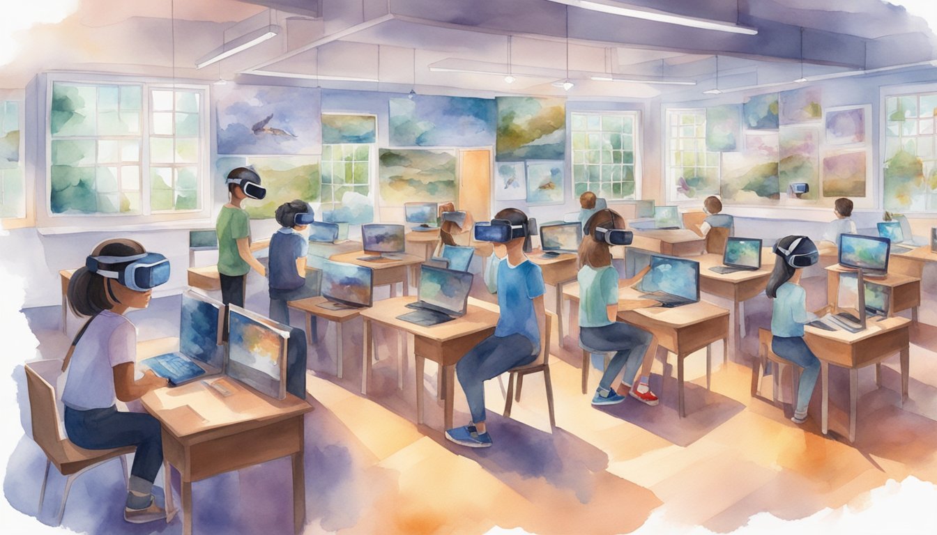 A classroom filled with VR headsets and students exploring virtual worlds, surrounded by educational imagery and interactive simulations