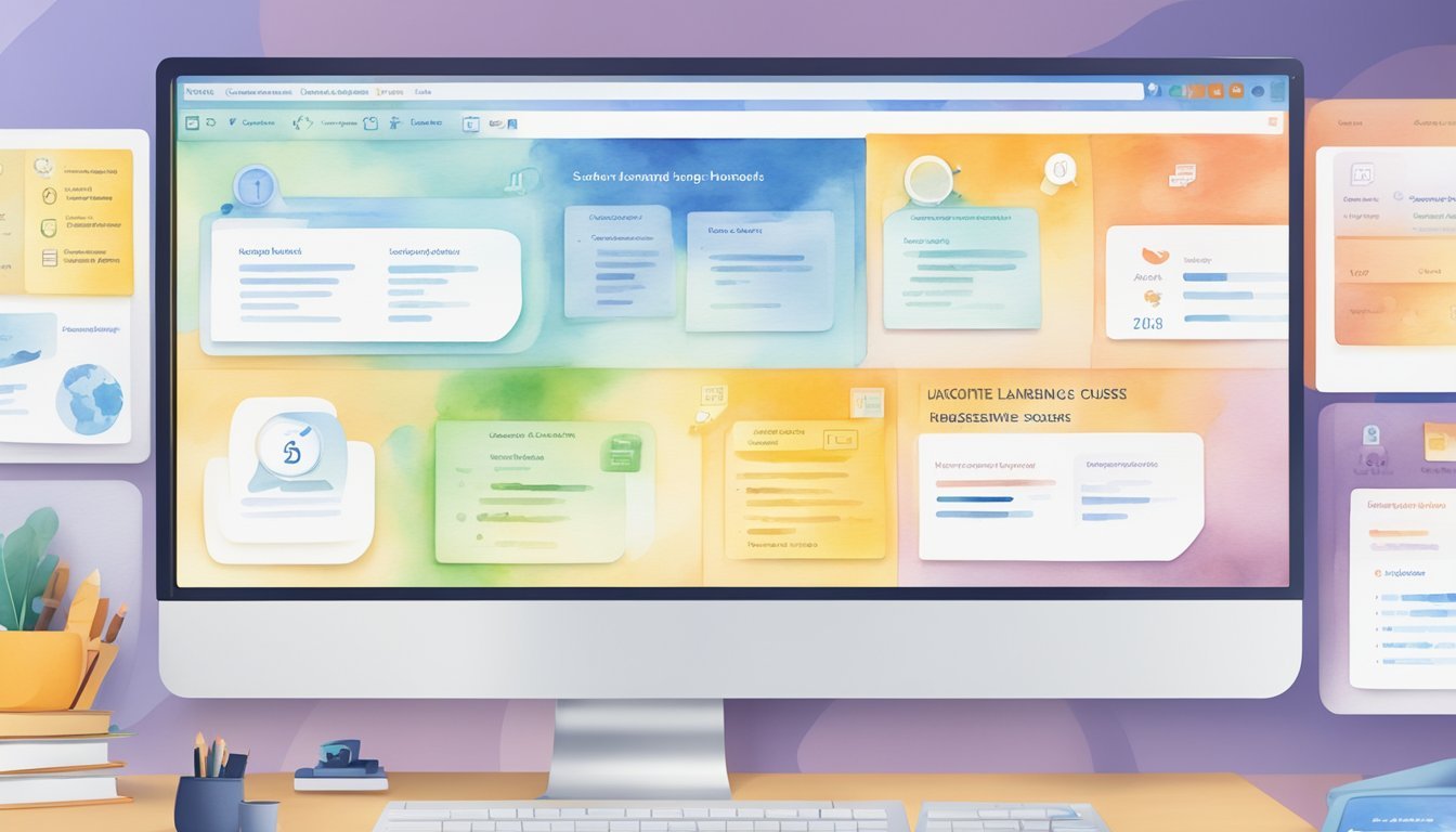 A computer screen displaying 12 interactive language learning courses with success stories and case studies.</p><p>Icons and progress bars indicate user engagement