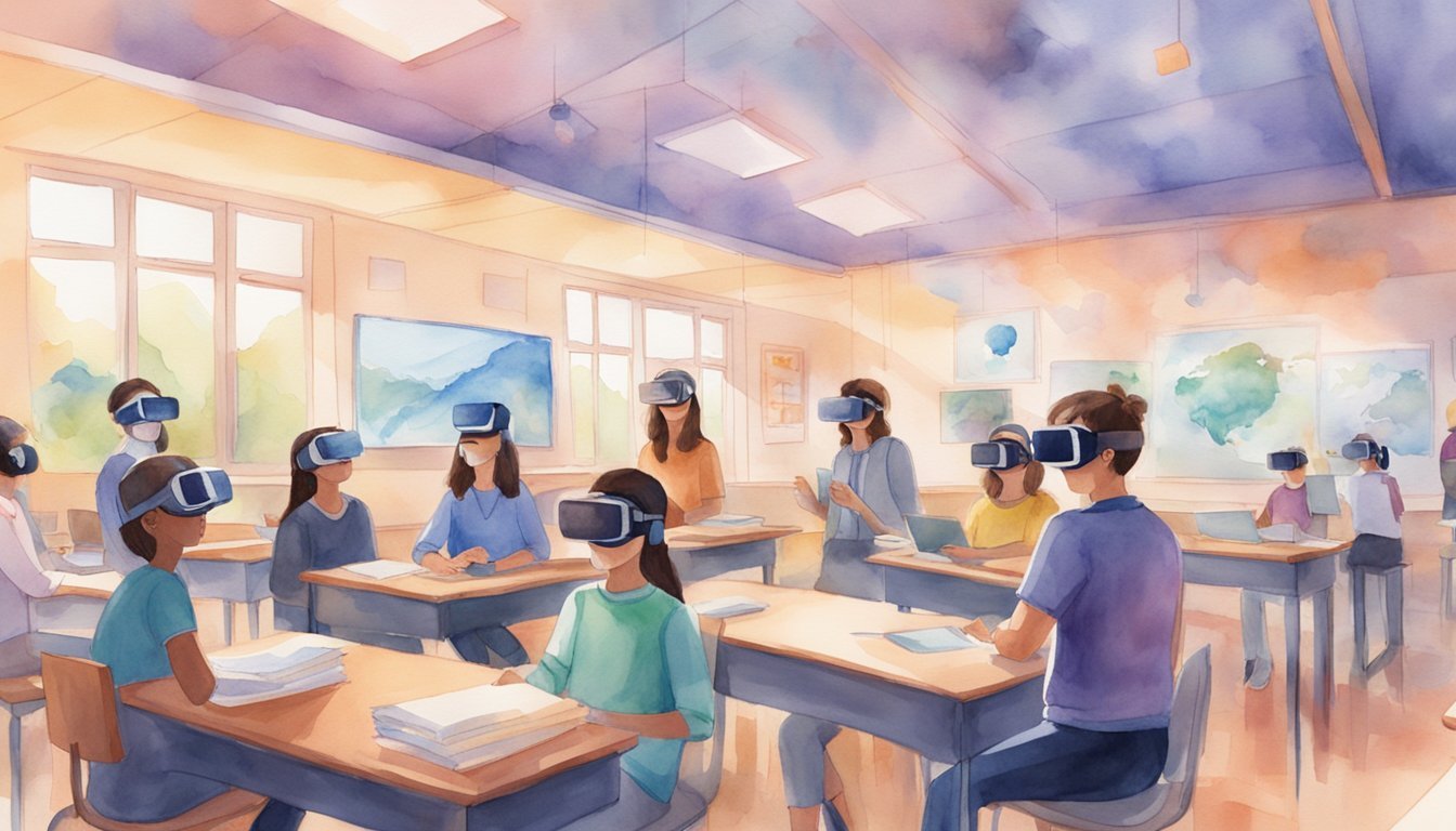 A classroom setting with students wearing VR headsets, exploring virtual environments.</p><p>Educational content and interactive activities displayed around them