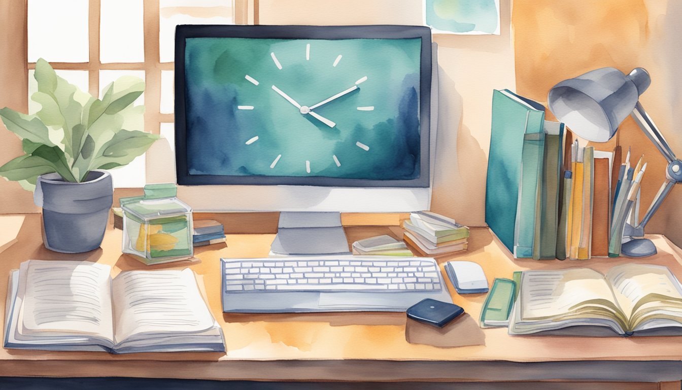 A desk with a computer, study materials, and a certification exam guidebook.</p><p>A clock on the wall shows the time, and a motivational quote hangs above the desk