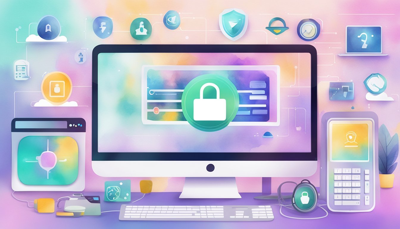 A computer screen displaying the FutureLearn 'Cyber Security Fundamentals' course surrounded by various electronic devices and security icons