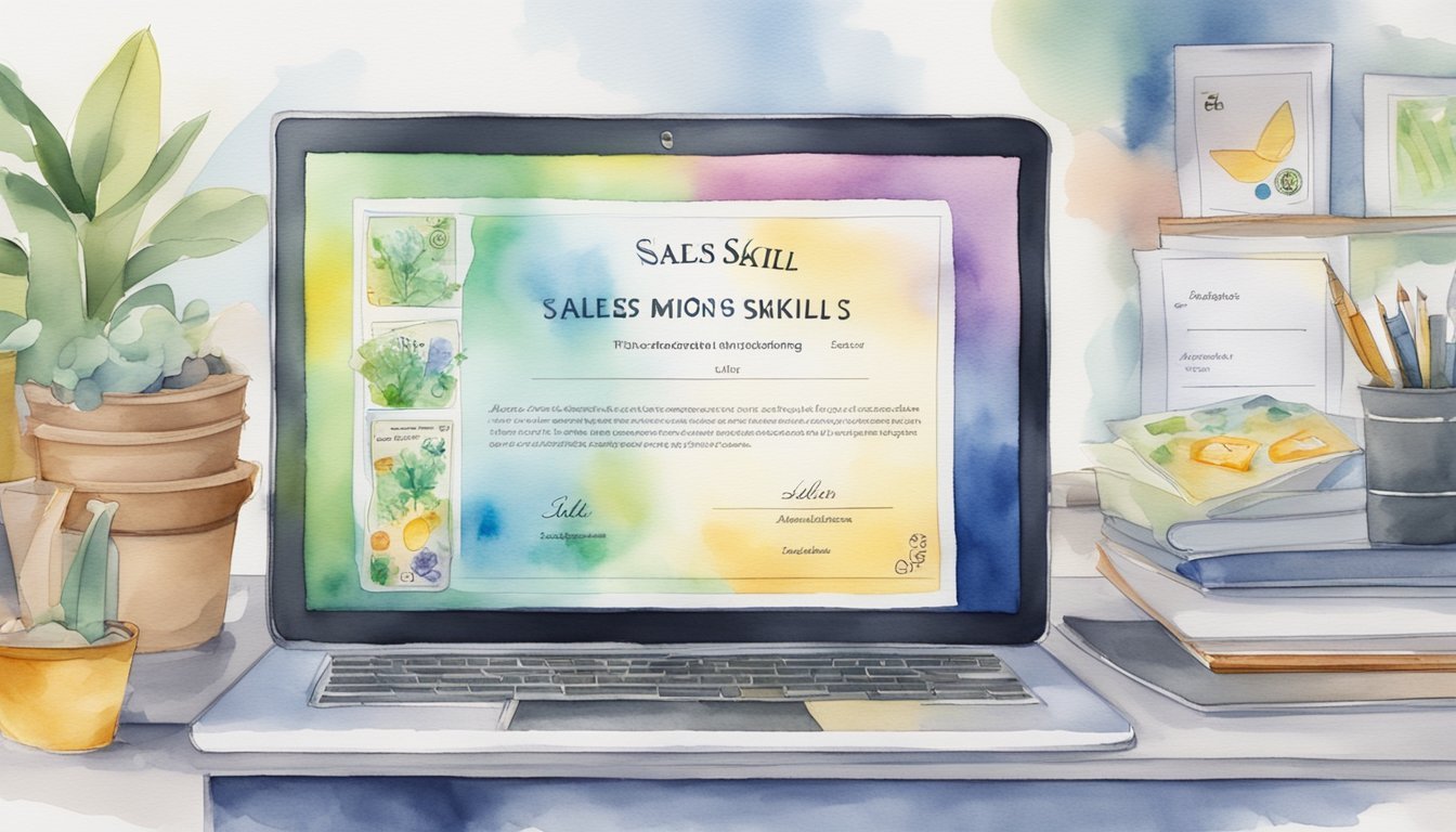 Alison's 'Sales Skills' micro-credentials displayed on a computer screen with a certificate and badge icons