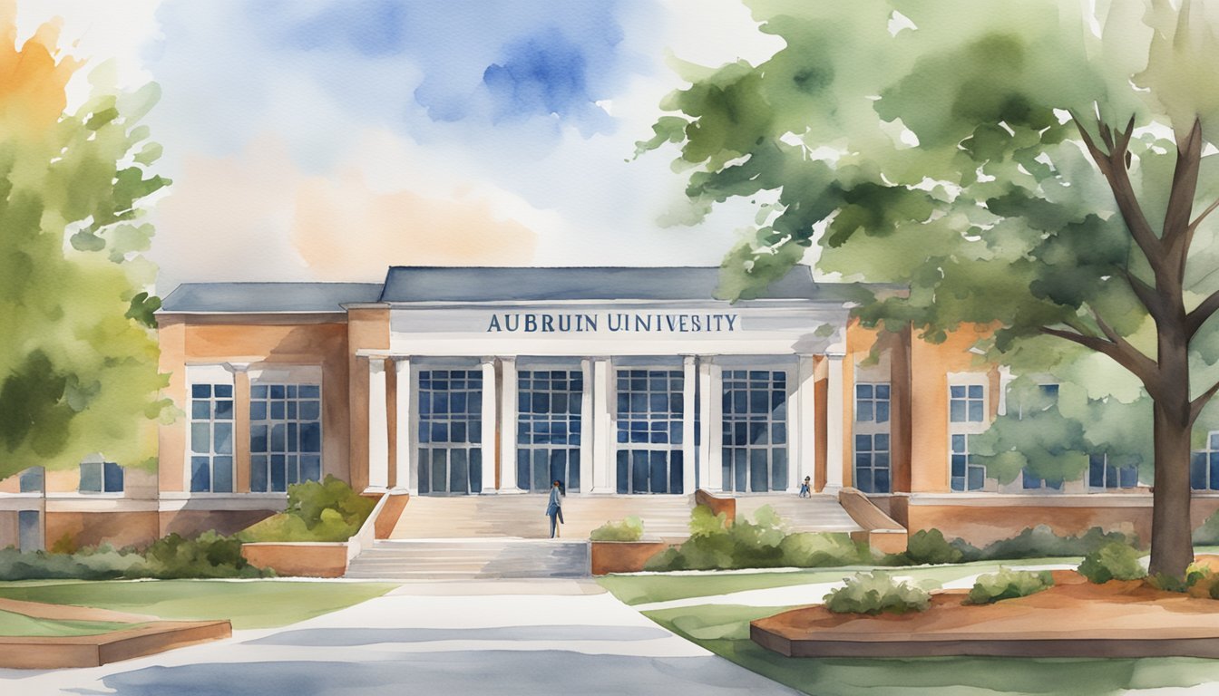 Auburn University's online MBA programs, with AACSB accreditation, showcased in a modern, professional setting with the university's logo prominently displayed