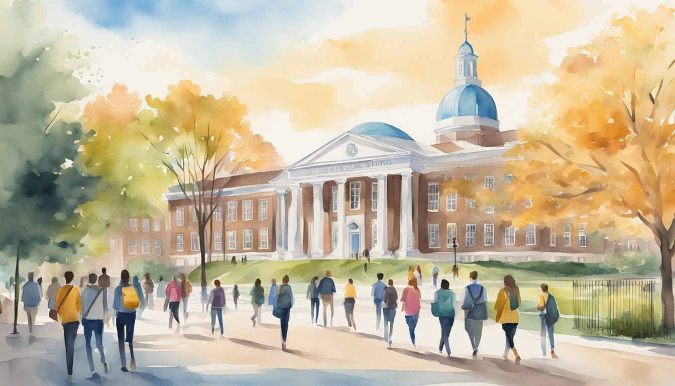 A bustling campus with iconic buildings and students walking to class.</p><p>A banner proudly displays "University of Delaware 7 Affordable Online MBA Programs with AACSB Accreditation."