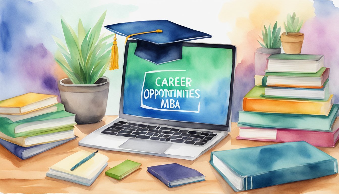 A laptop displaying "Career Opportunities with an AACSB Accredited MBA" surrounded by books and a graduation cap