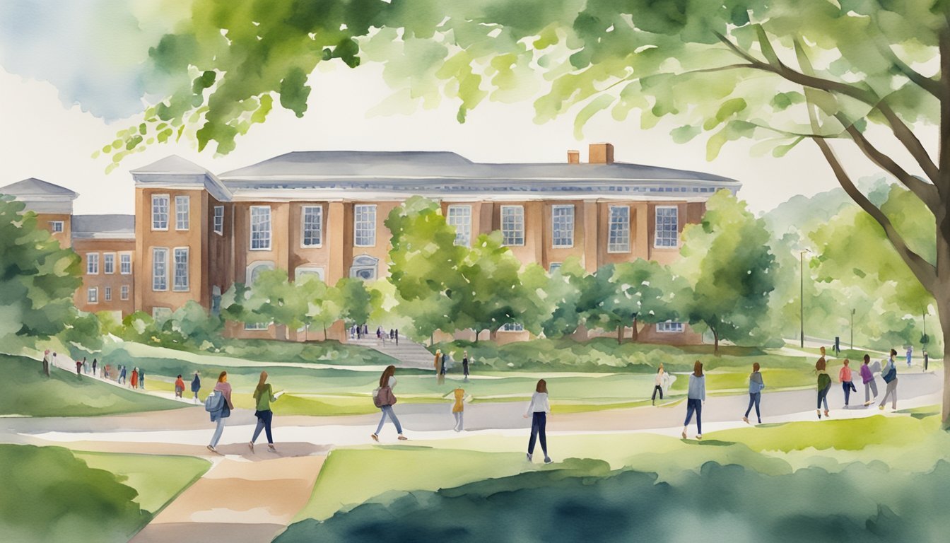 The scene depicts the University of Massachusetts Amherst with 10 accredited online psychology degree programs.</p><p>The campus is bustling with activity and surrounded by lush greenery