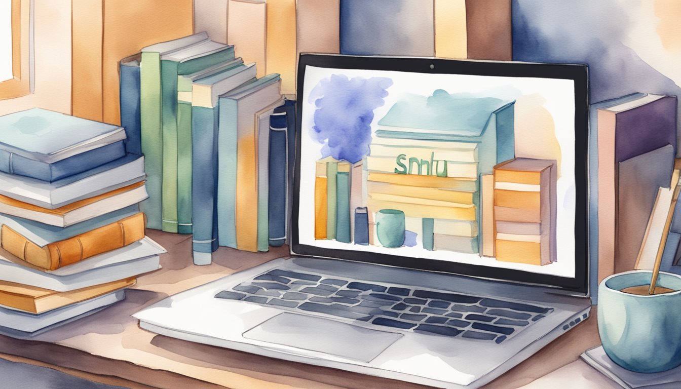 A laptop displaying SNHU's 10 online psychology degree programs, surrounded by books and a cozy study area