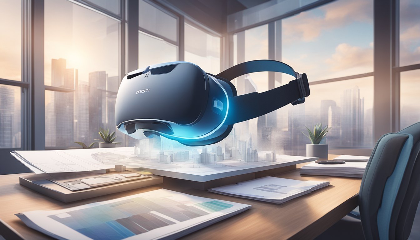 A virtual reality headset sits on a sleek desk, surrounded by architectural design software, blueprints, and a modern building model