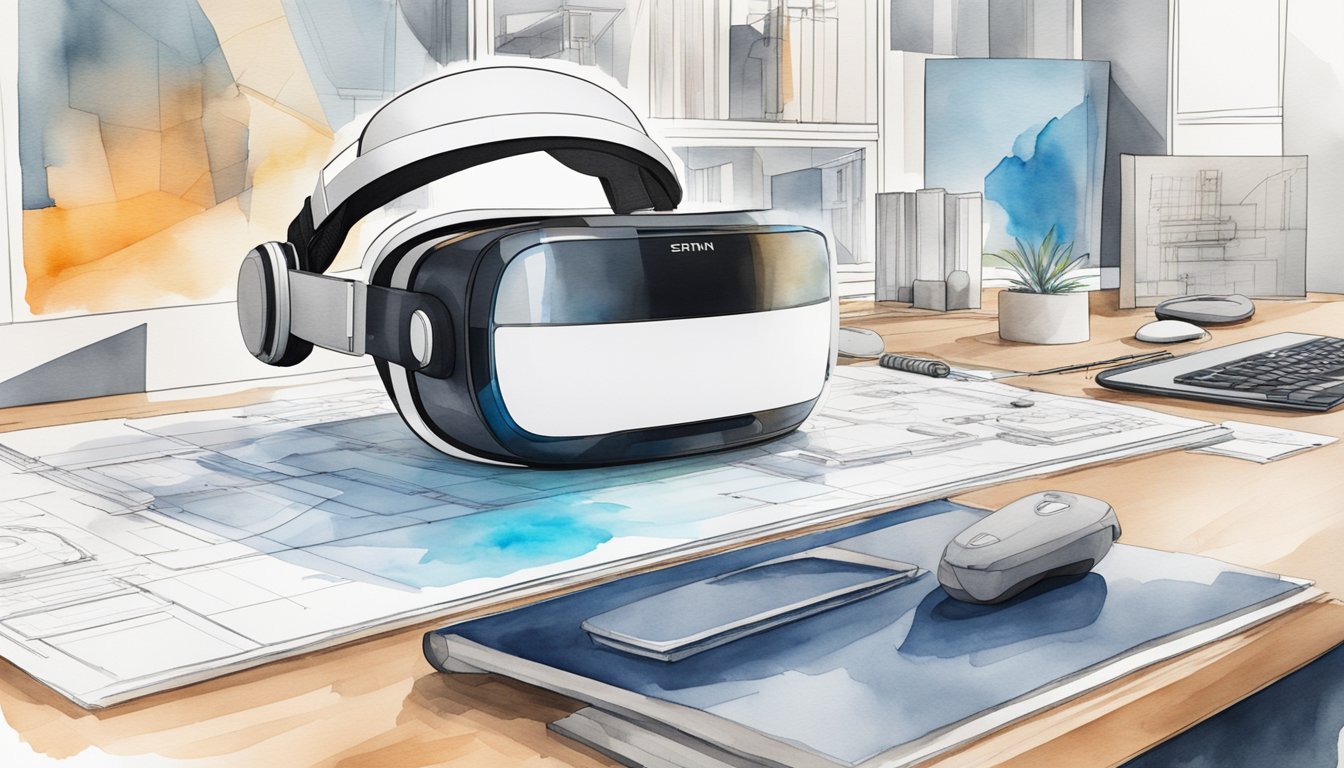 A futuristic virtual reality headset sits on a sleek desk, surrounded by architectural design software and blueprints.</p><p>The room is modern and minimalist, with clean lines and high-tech equipment