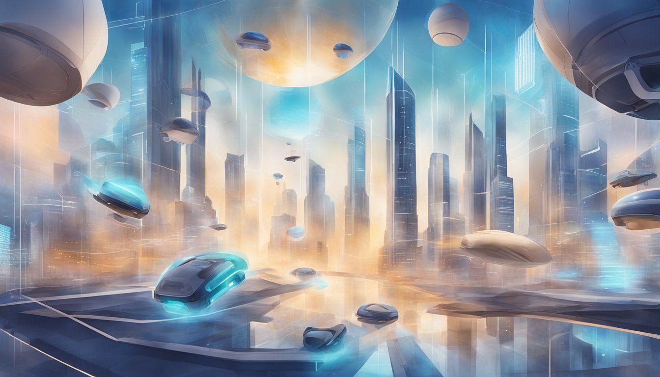 A futuristic cityscape with VR headsets and architectural blueprints floating in the air, surrounded by digital screens displaying virtual reality design courses