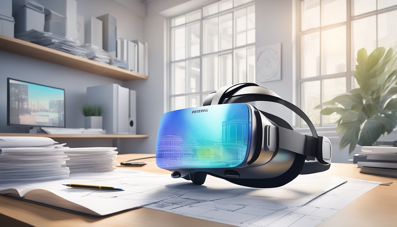 A modern, sleek virtual reality headset is placed on a desk, with architectural blueprints and a computer screen displaying VR architectural designs in the background