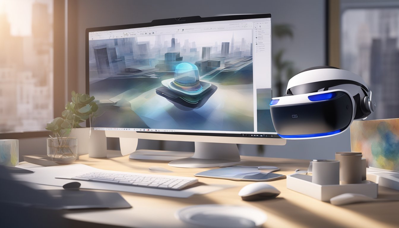 A virtual reality headset is placed on a desk next to a computer running Unity software.</p><p>A 3D model of an architectural design is displayed on the computer screen