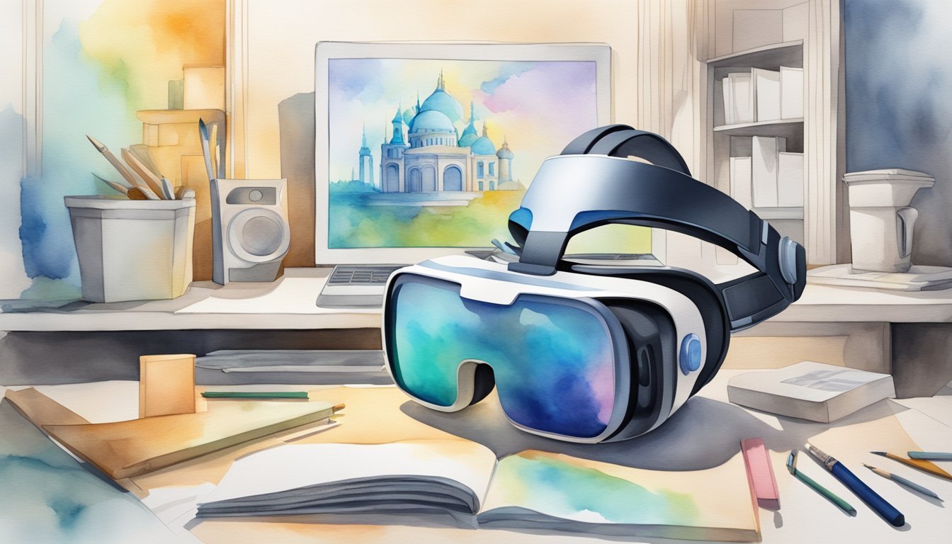 A virtual reality headset surrounded by architectural design tools and a computer displaying online course options