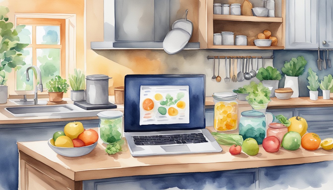 A colorful kitchen with a laptop displaying a virtual cooking class.</p><p>Ingredients and utensils neatly arranged on the counter, with a chef's hat and apron hanging nearby