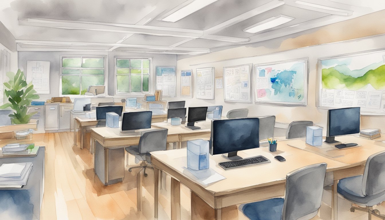 A classroom setting with computer workstations, whiteboards, and digital marketing materials