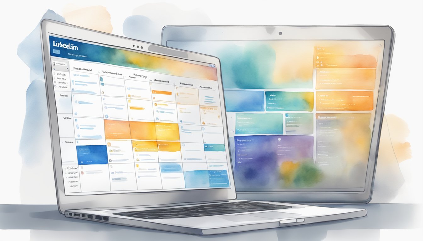 A laptop displaying LinkedIn Learning's digital marketing courses, with a social media calendar and content schedule on the screen