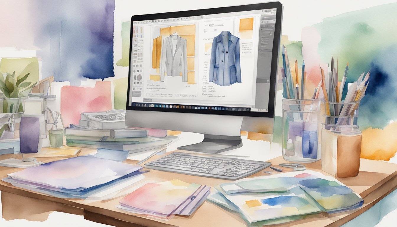 Fashion design courses displayed on a computer screen with portfolio examples.</p><p>Textbooks, sketches, and a sewing machine surround the workspace