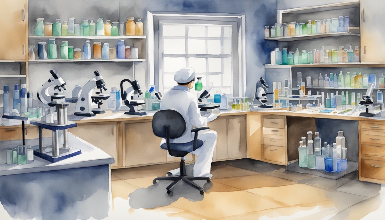 A lab set up with forensic science equipment, including microscopes, test tubes, and evidence collection tools, in a university online program setting