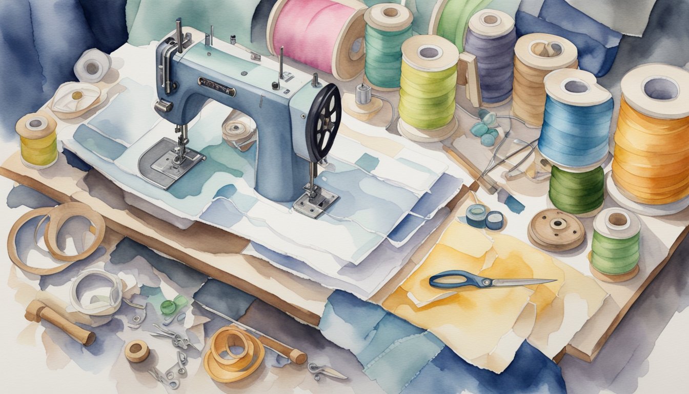 An overhead view of a sewing machine stitching fabric, surrounded by various garment construction tools and materials