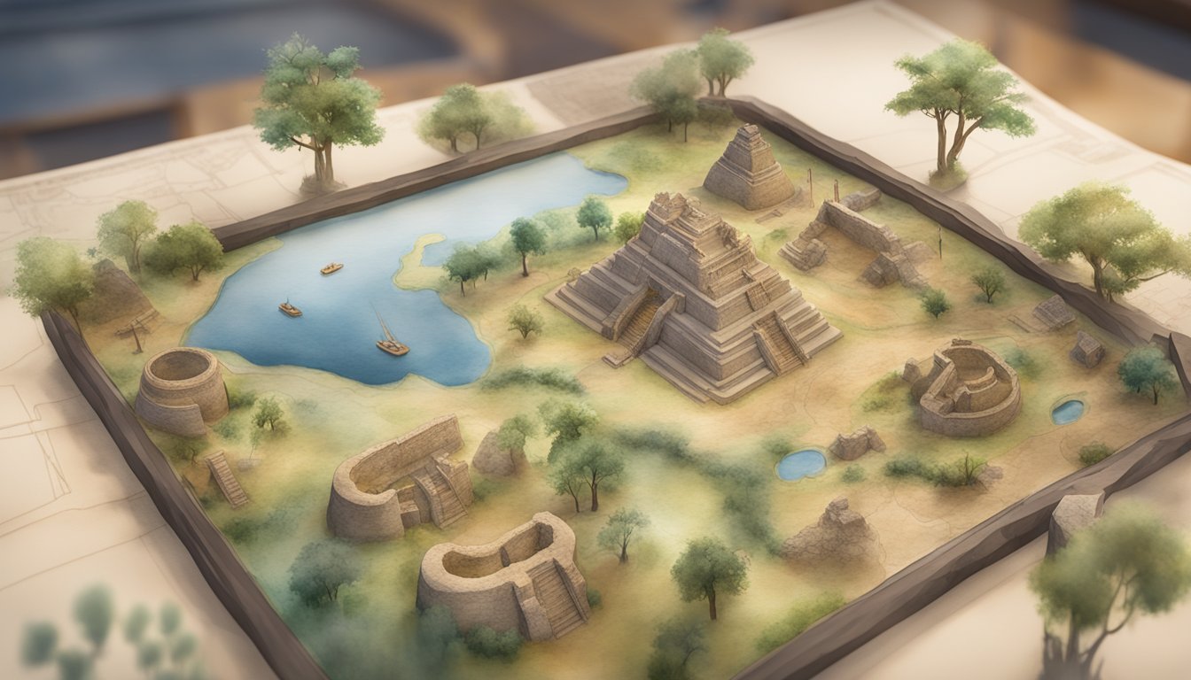 A computer screen displays a virtual archaeological site with detailed 3D models and interactive tools.</p><p>A digital map and historical information are visible in the background