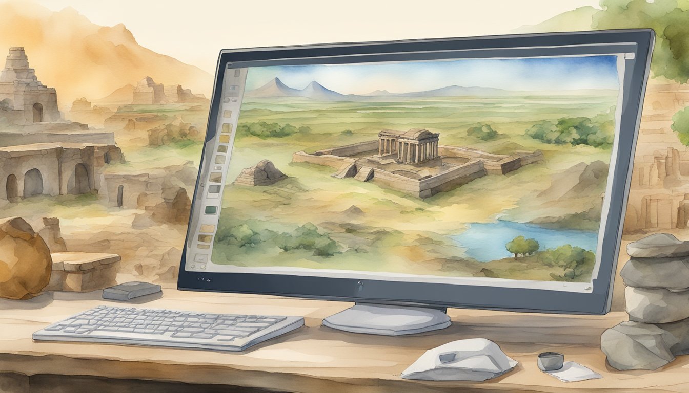 A computer screen displaying virtual archaeological sites with detailed artifacts and landscapes from online history courses