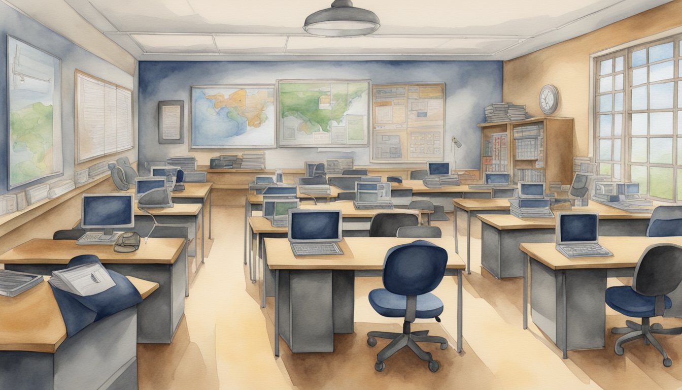 A classroom setting with computers, forensic tools, and law enforcement symbols