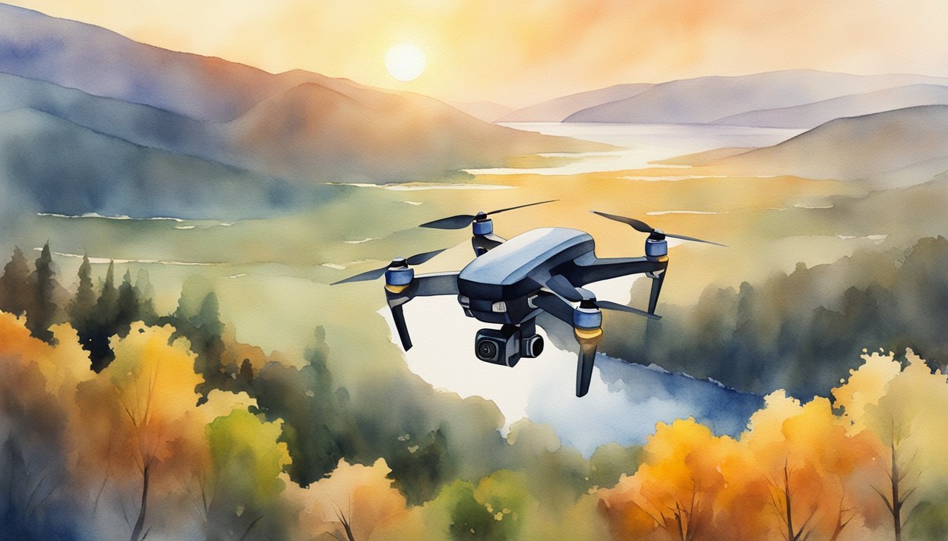 A drone hovers above a picturesque landscape, capturing stunning aerial views.</p><p>The sun casts a warm glow on the scene, highlighting the beauty below