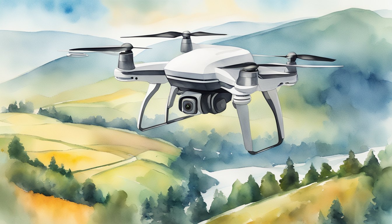 A drone hovers above a picturesque landscape, capturing stunning aerial views.</p><p>Online course materials and a laptop are nearby, showing SkyTango Training 6 logo